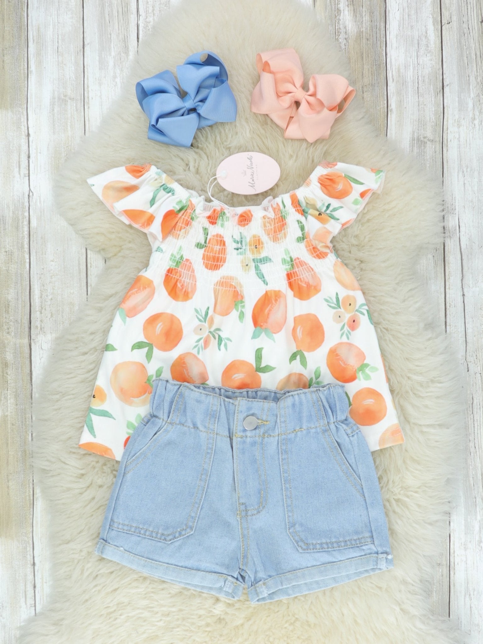Mandarin Oranges Ruffle Top & Denim Shorts Outfit - Marie Nicole Clothing