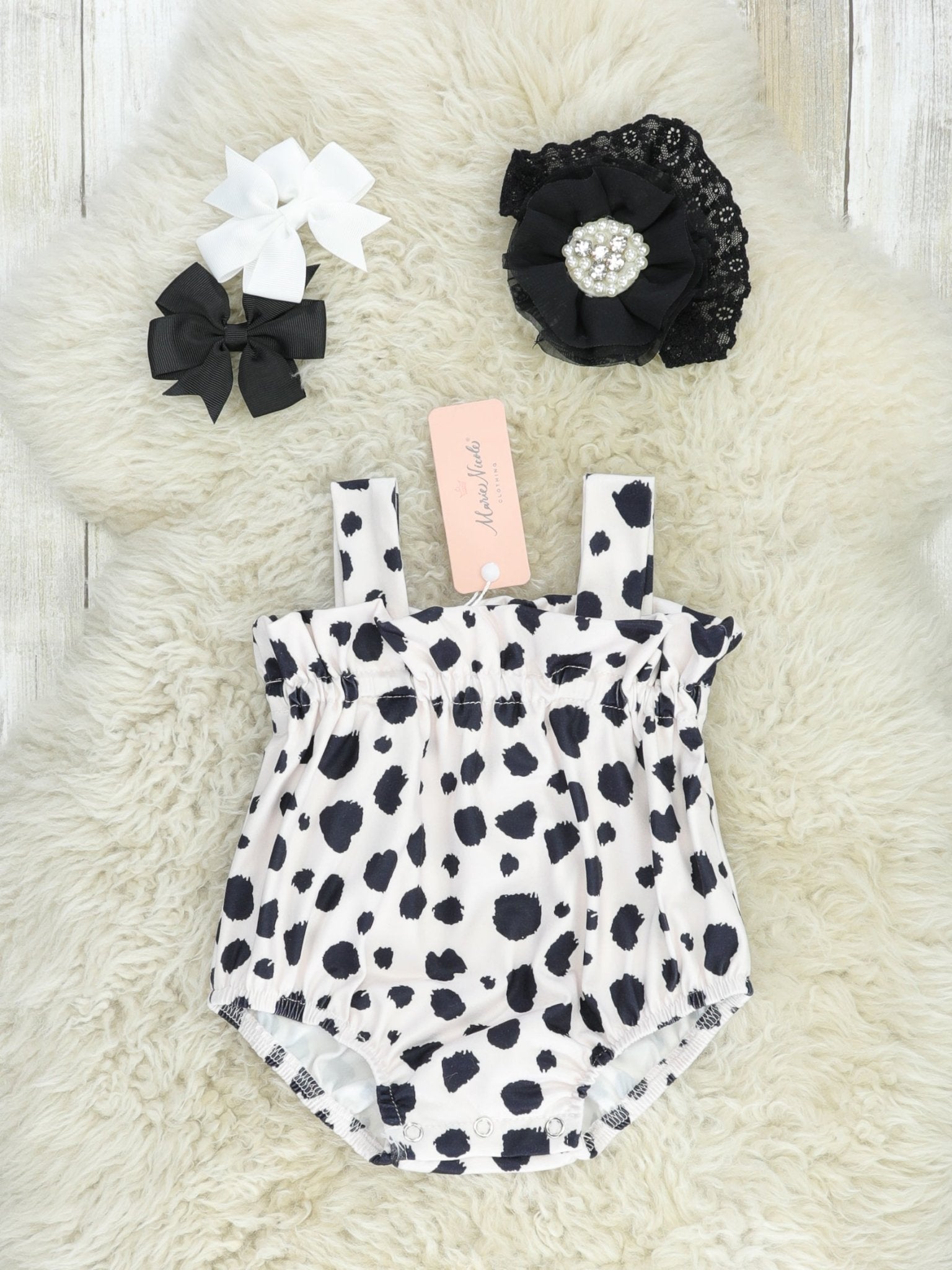 Cow Print Ruffle Bubble Romper - Marie Nicole Clothing