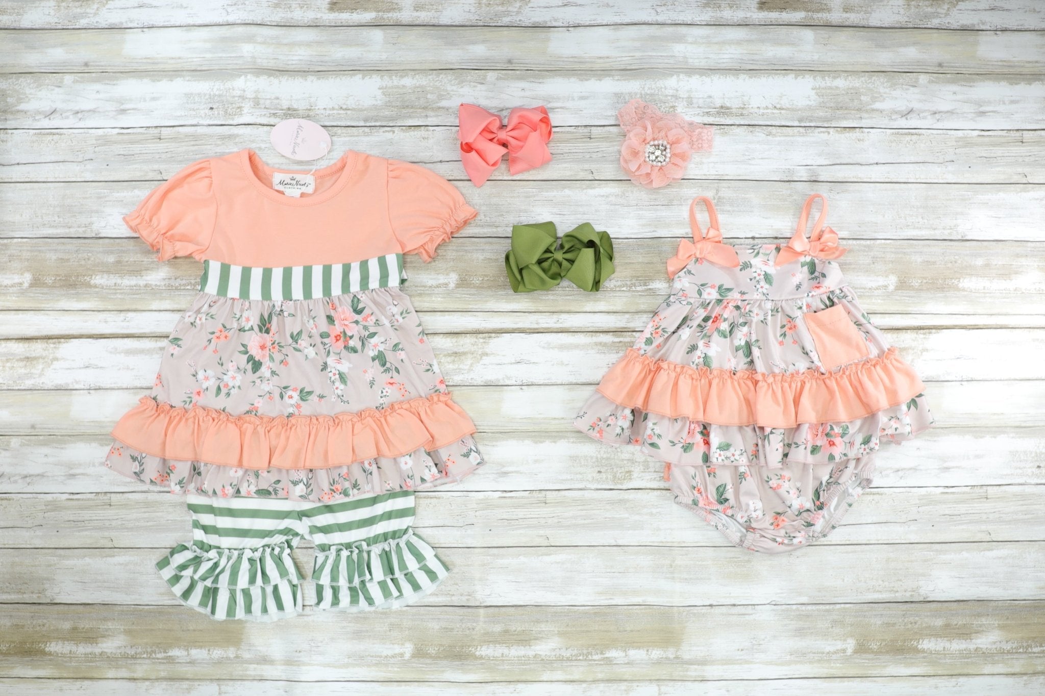 Coral Floral & Green Striped Ruffle Outfit - Marie Nicole Clothing