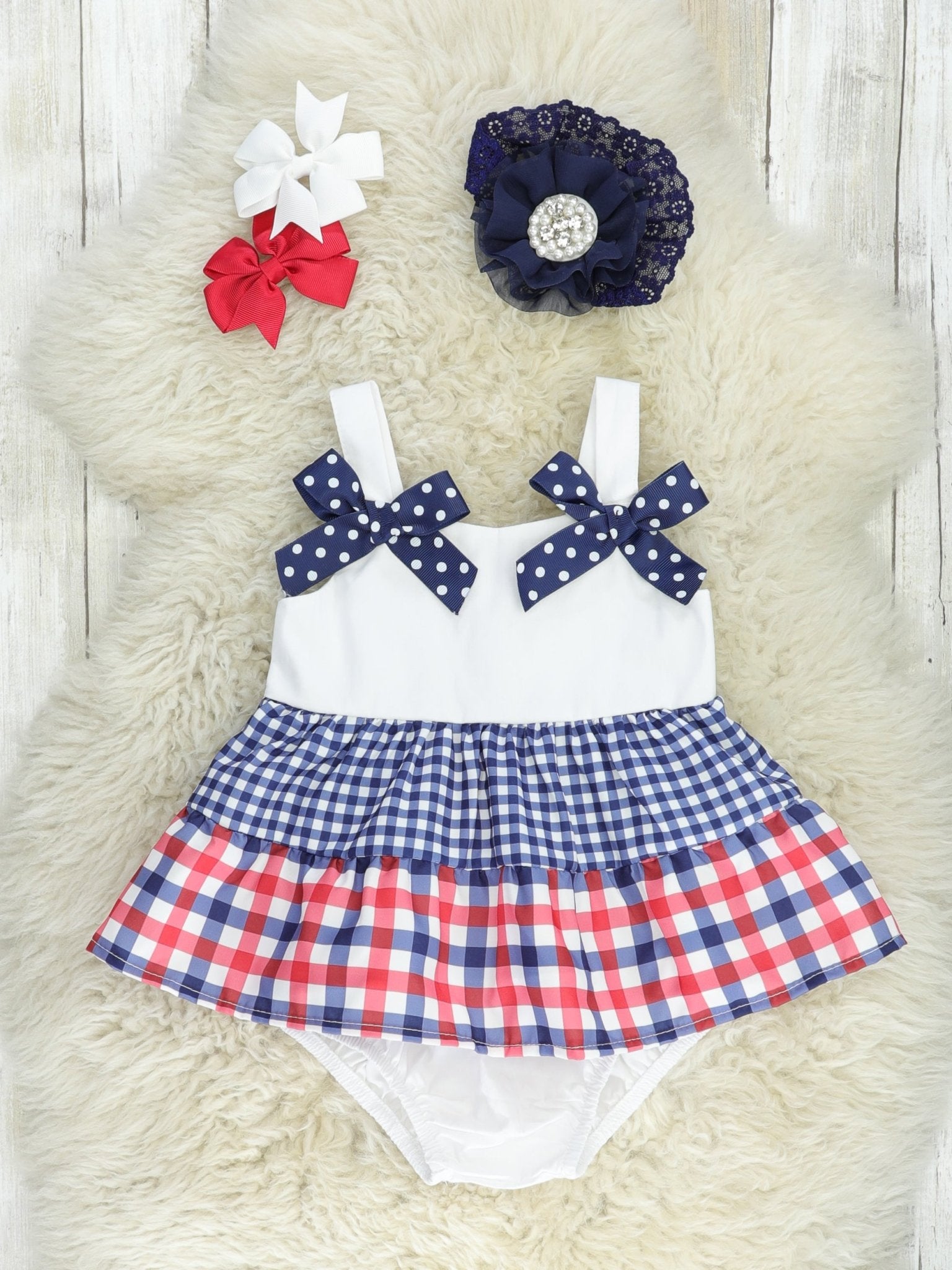 Red & Blue Gingham Bow Bloomers Outfit - Marie Nicole Clothing