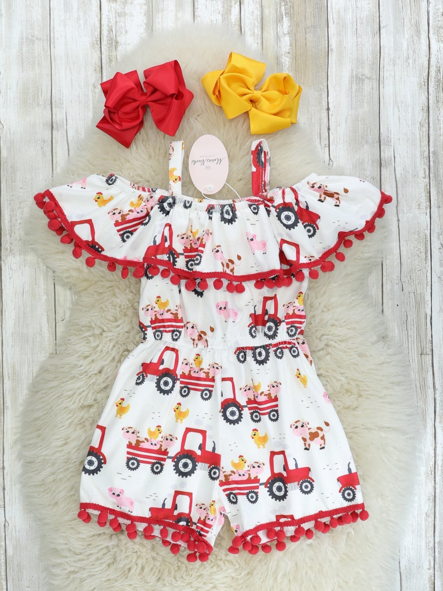 Red Farm Tractor Pom Pom Romper - Marie Nicole Clothing