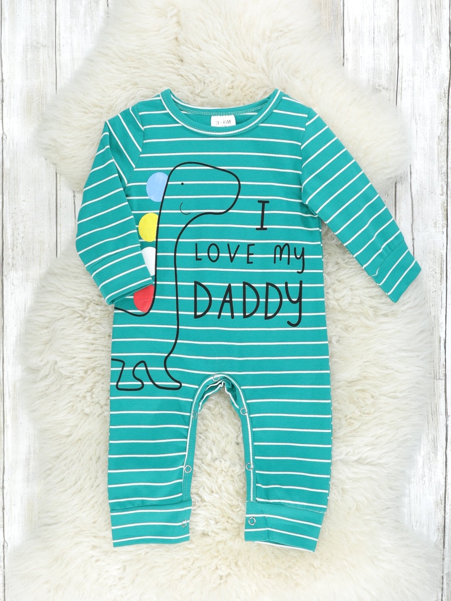 "I Love My Daddy" Striped Dinosaur Romper - Marie Nicole Clothing