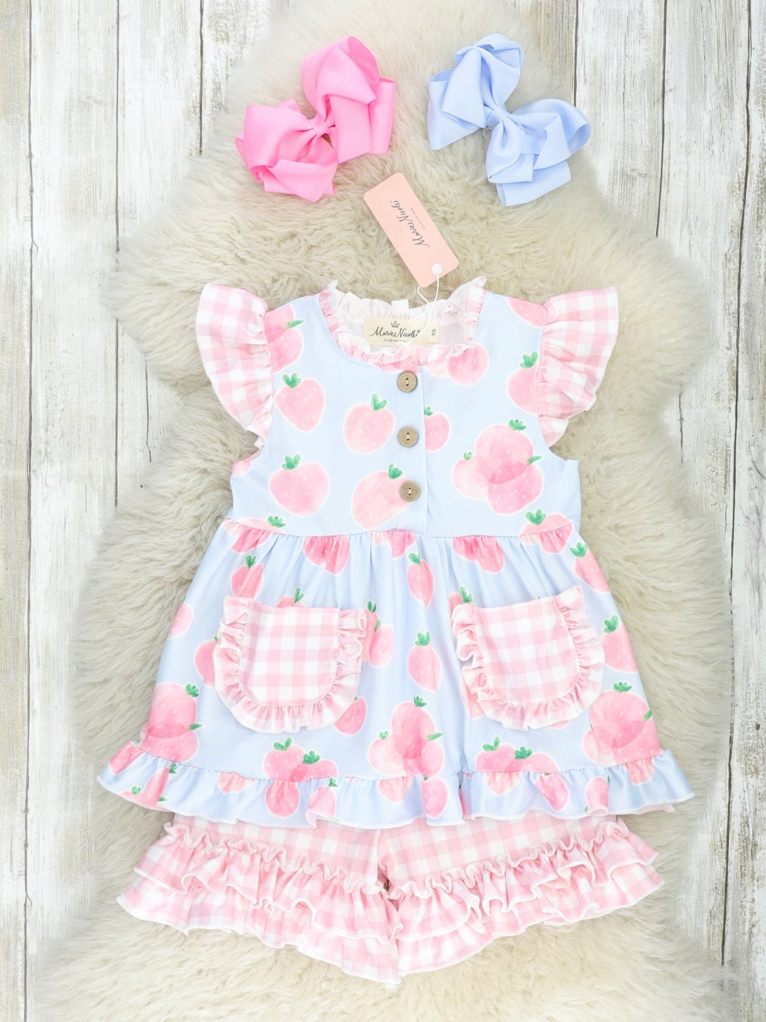 Pastel Gingham Strawberry Ruffle Outfit - Marie Nicole Clothing