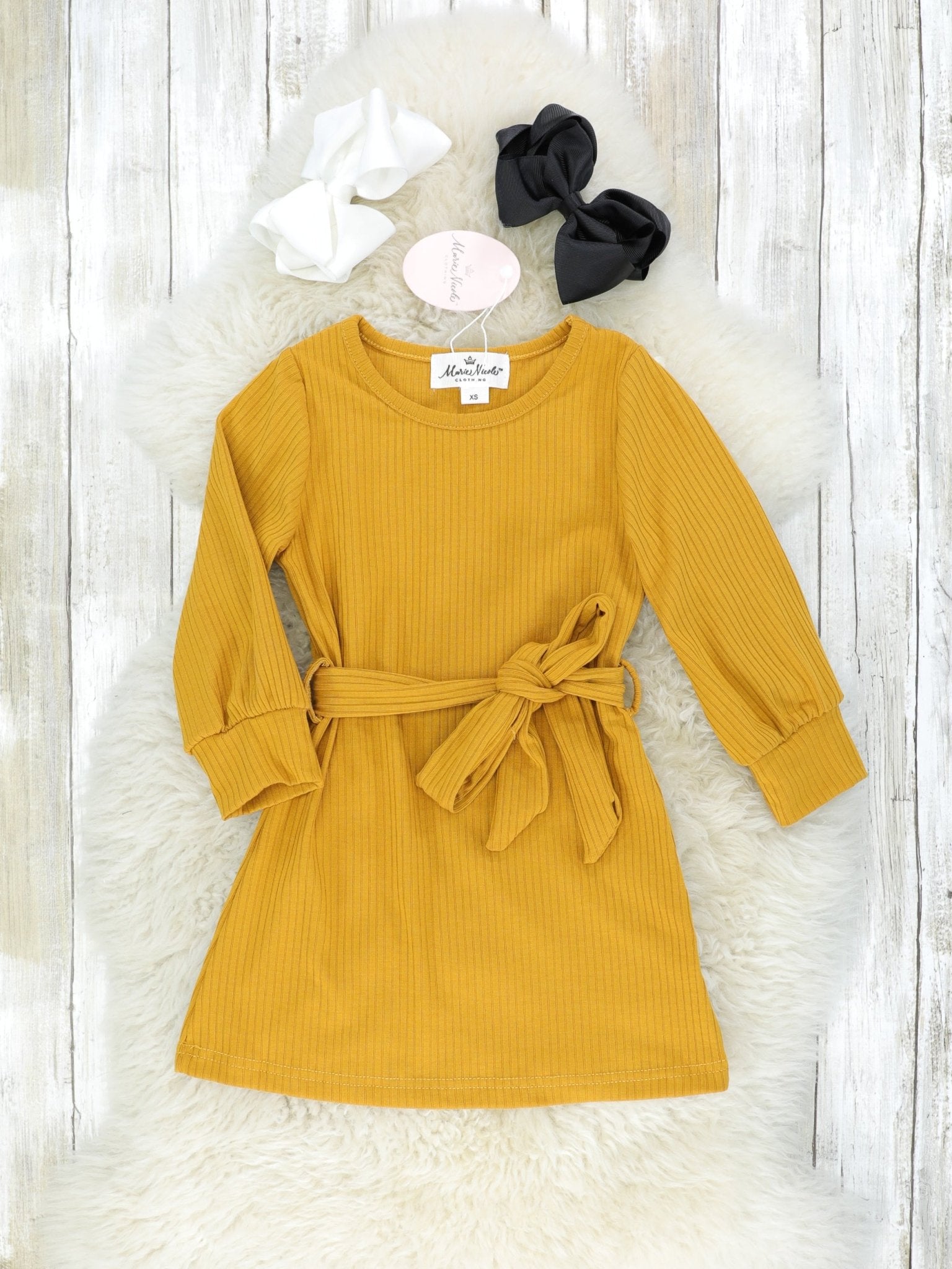 Mustard Waist Tie Midi Dress - Marie Nicole Clothing
