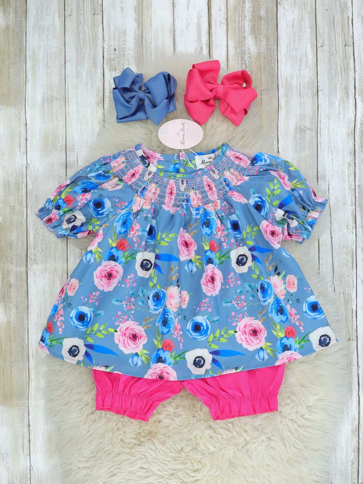 Blue Rose Swing Top & Pink Bottoms Outfit - Marie Nicole Clothing