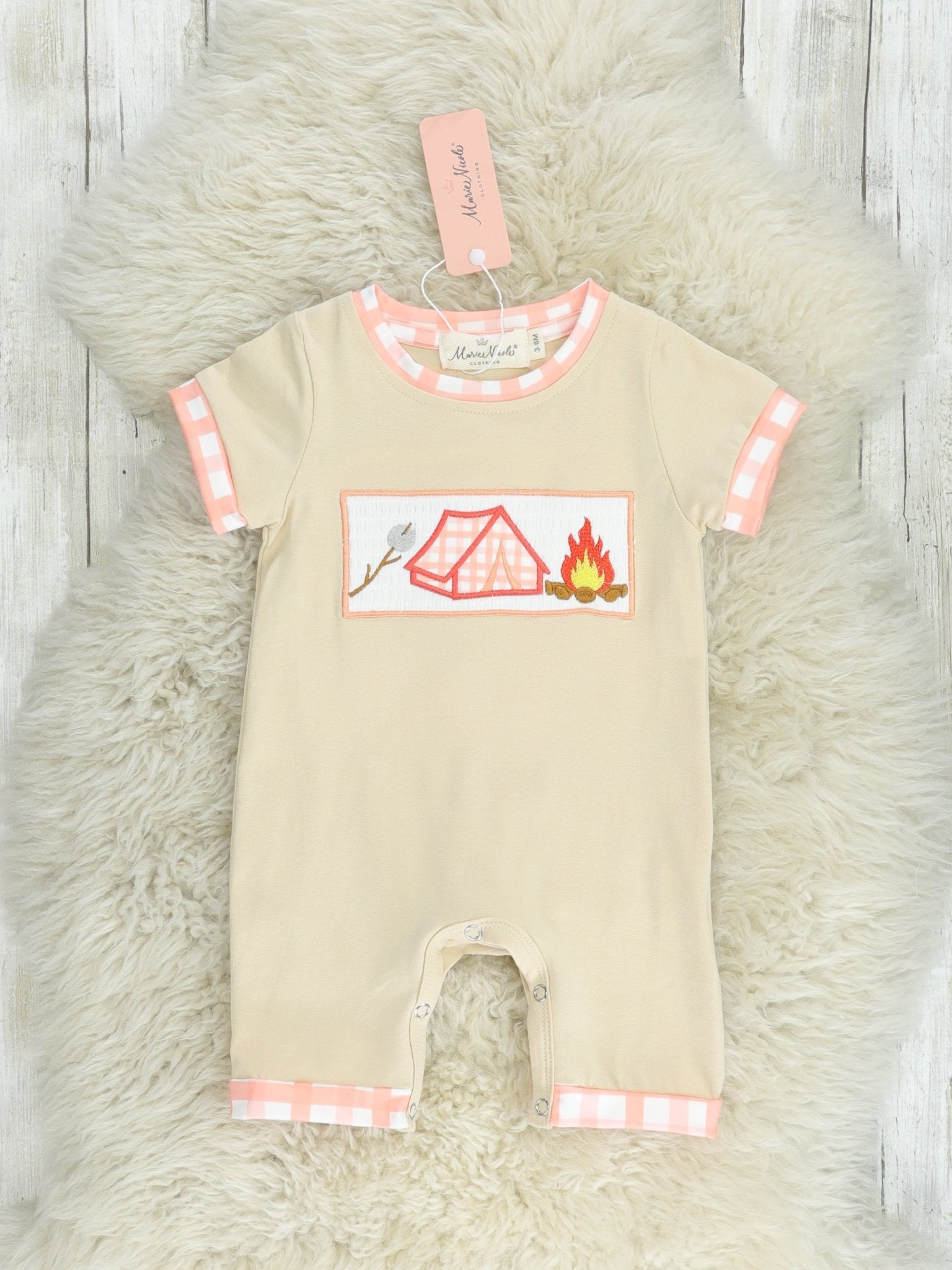 Tan Smocked Camping Romper - Marie Nicole Clothing