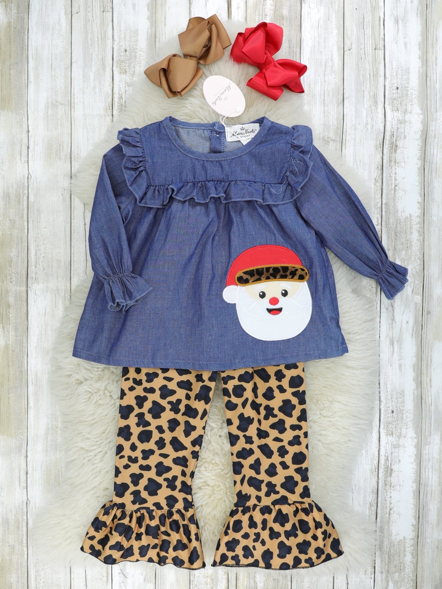 Chambray Leopard Santa Ruffle Outfit - Marie Nicole Clothing