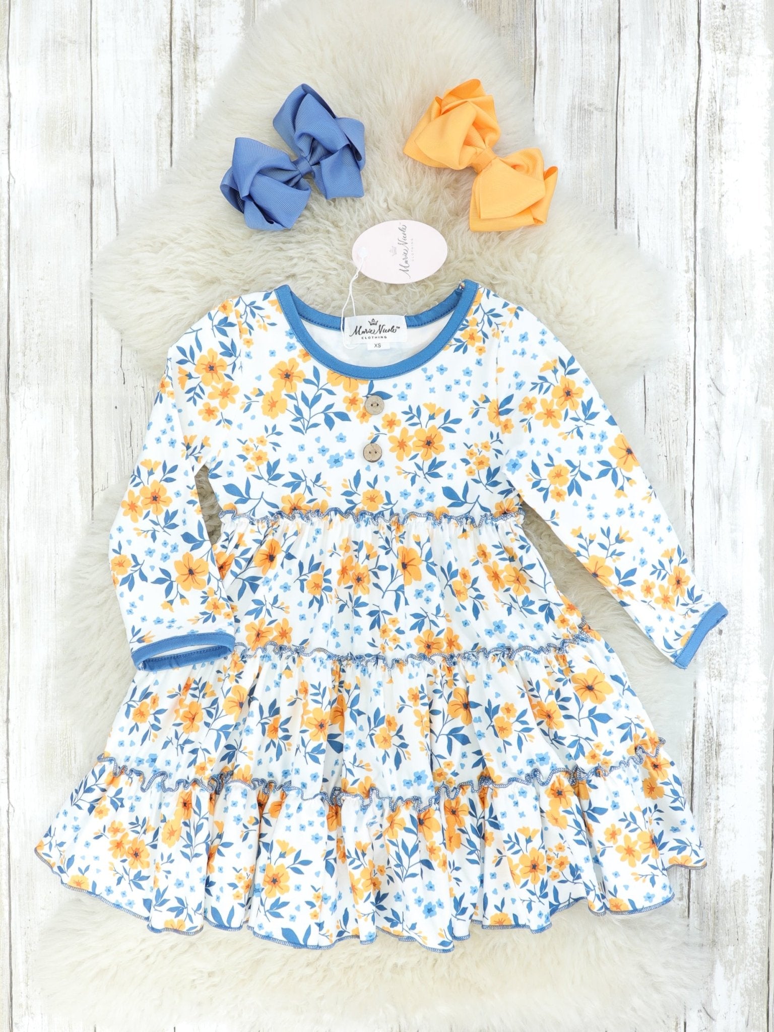 Steel Blue & Yellow Floral Tiered Dress - Marie Nicole Clothing