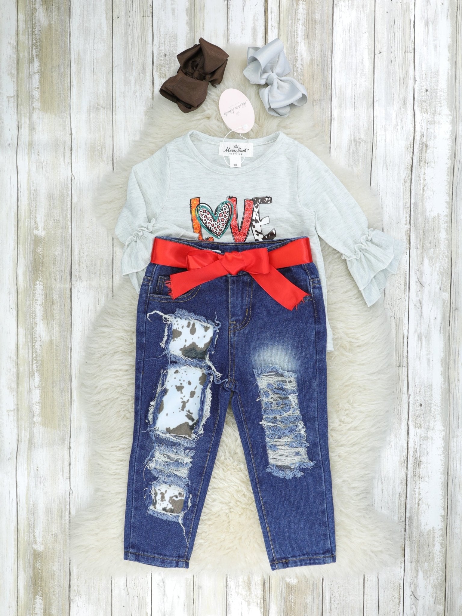 "LOVE" Cow Print Denim Outfit - Marie Nicole Clothing