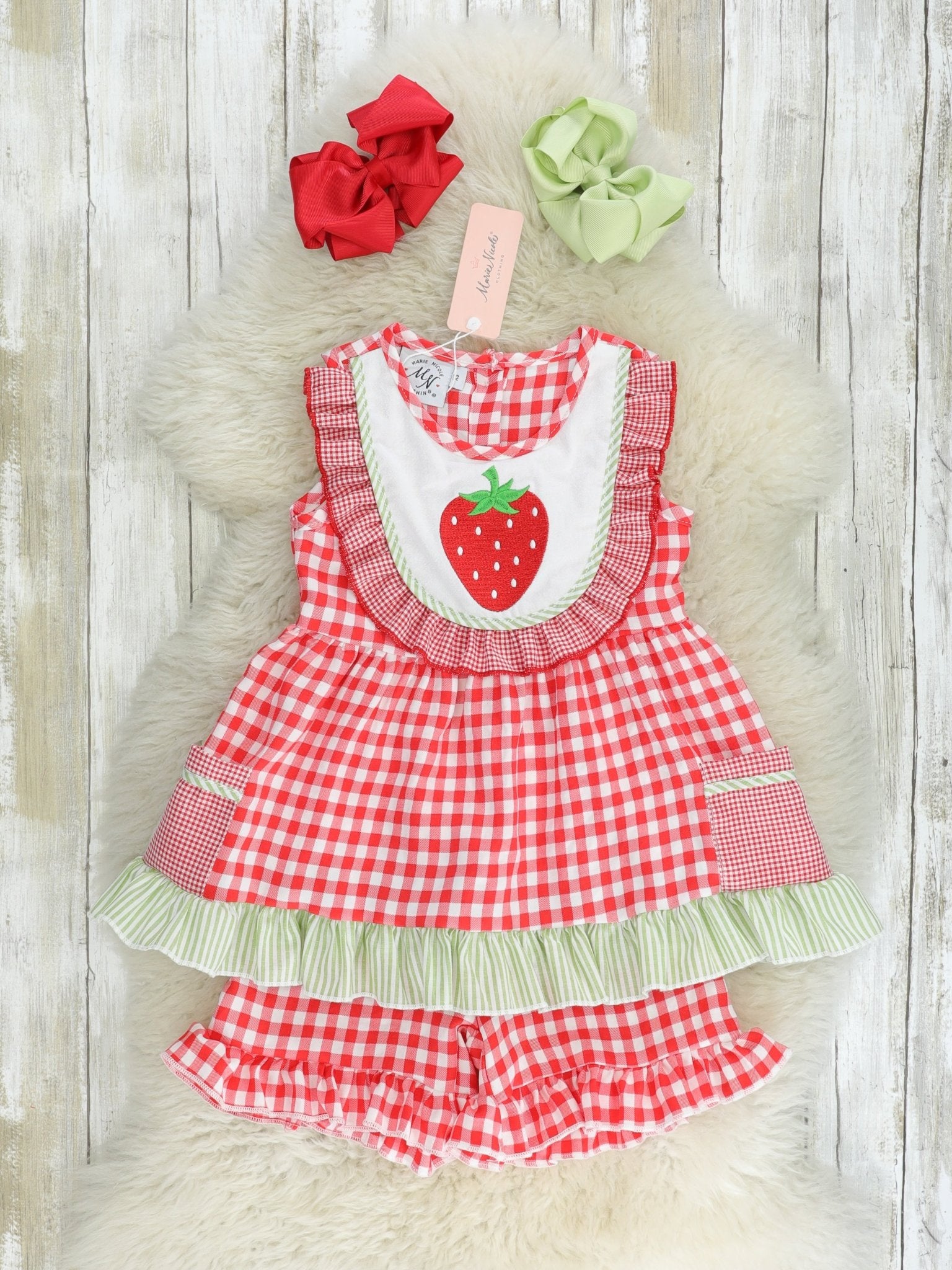 Red Gingham Strawberry Bib Collar Outfit - Marie Nicole Clothing