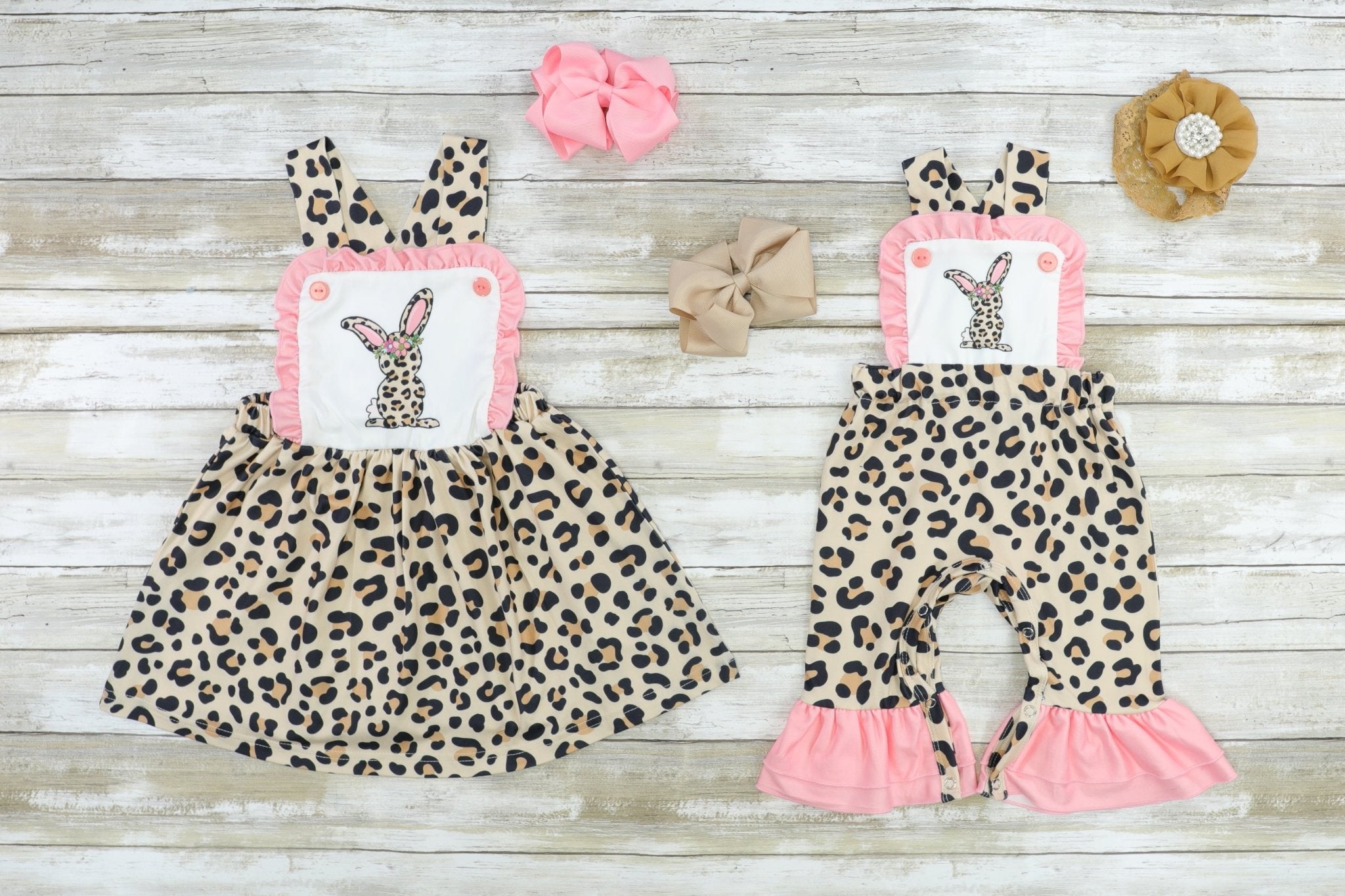 Pink Leopard Bunny Apron Romper - Marie Nicole Clothing