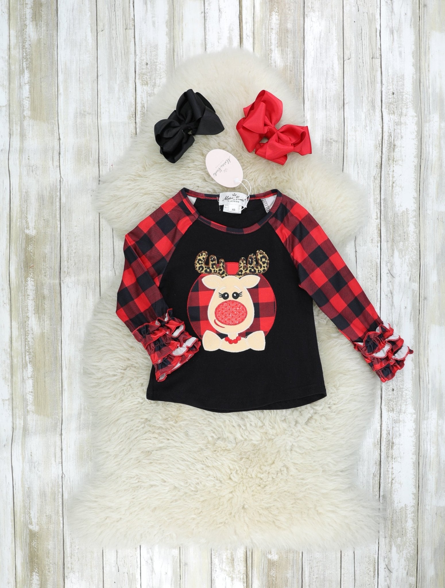 Leopard Reindeer Ruffle Raglan Shirt - Marie Nicole Clothing