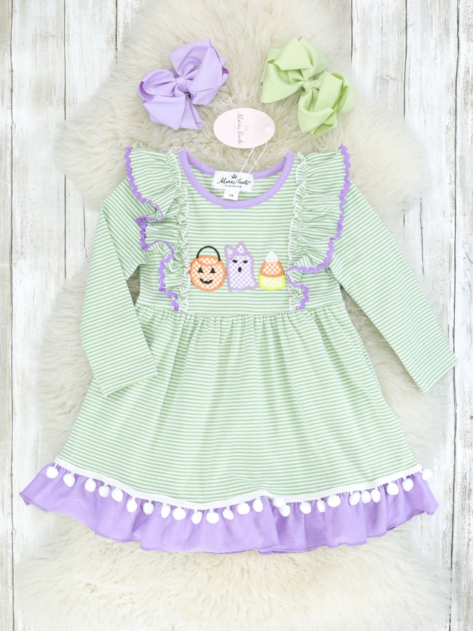 Green & Purple Halloween Pom Pom Dress - Marie Nicole Clothing