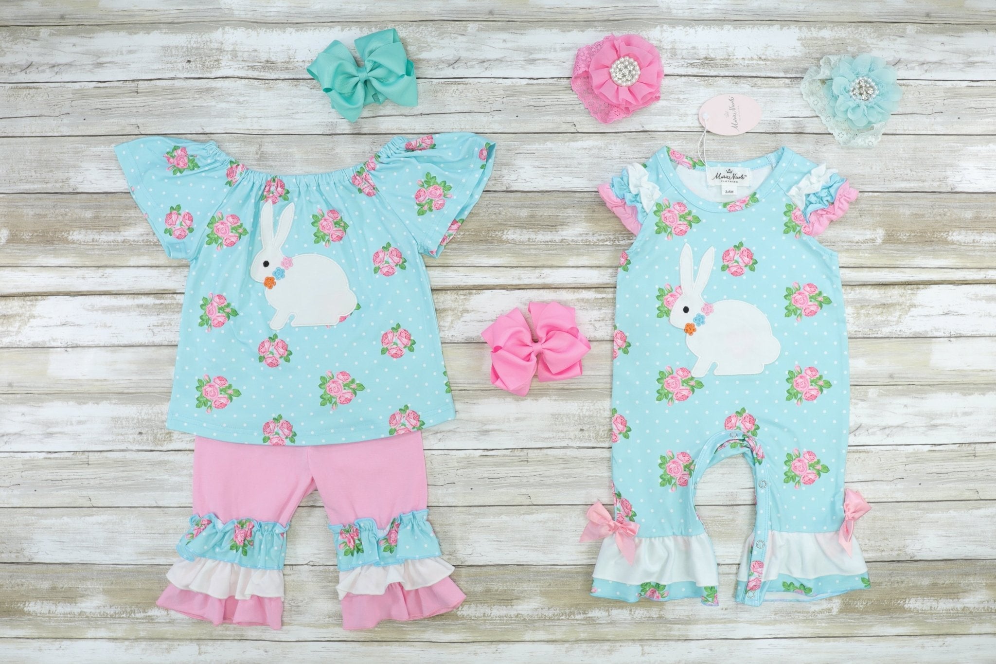 Pink & Blue Polka Dot Bunny Ruffle Romper - Marie Nicole Clothing