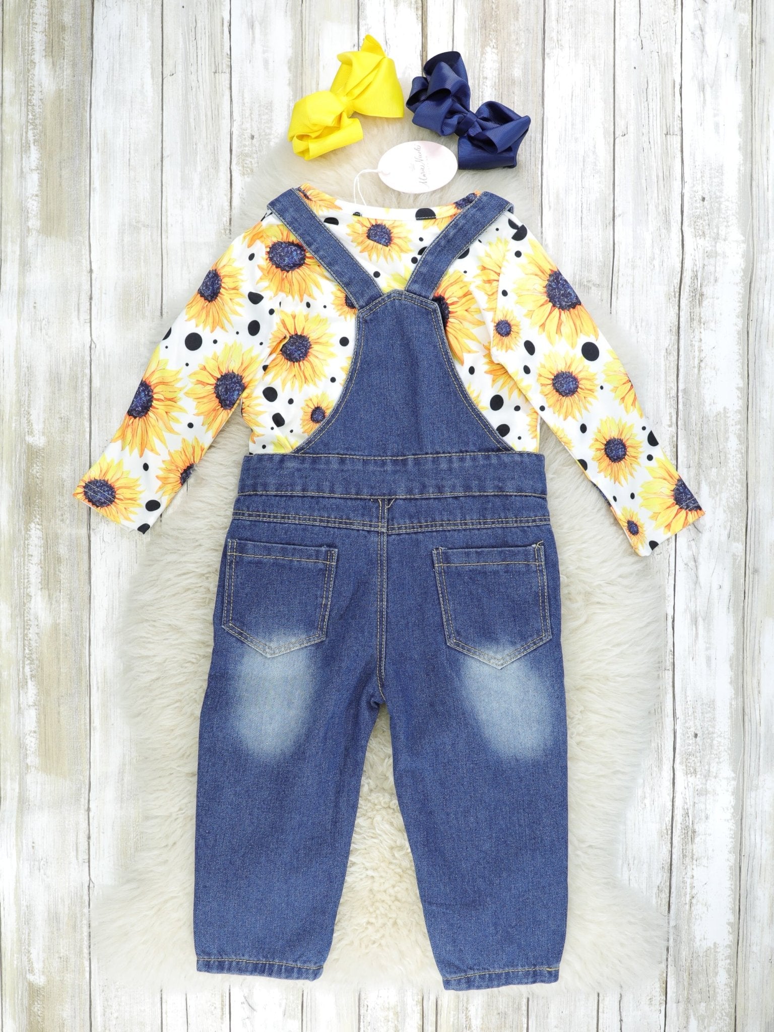 Sunflower Top & Distressed Denim Overall Set - Marie Nicole Clothing