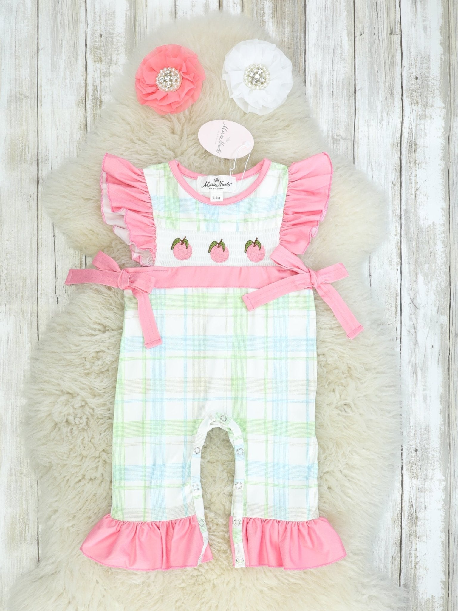 Peach Plaid Smocked Ruffle Romper - Marie Nicole Clothing