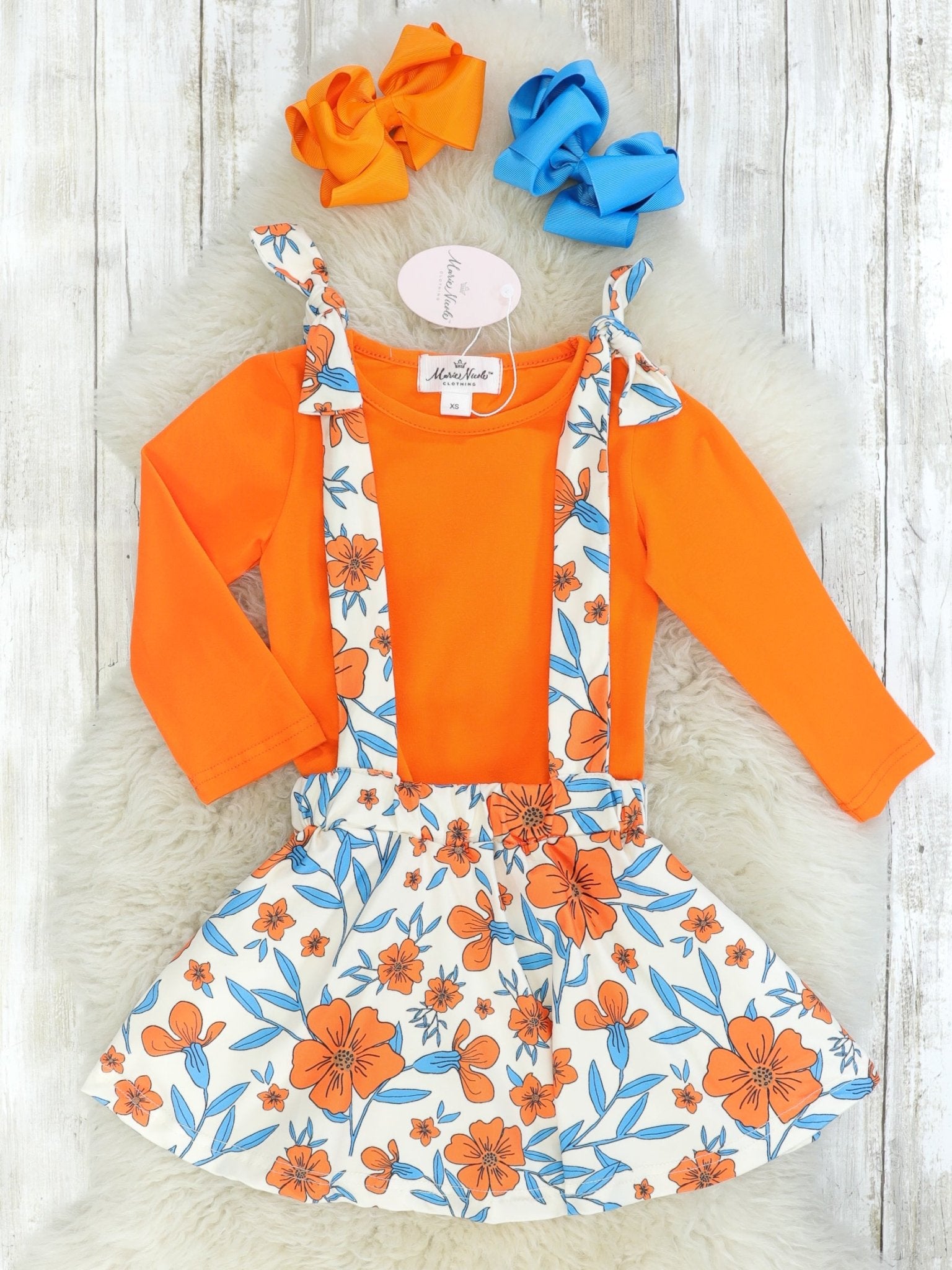Orange & Blue Floral Overall Skirt W/ Long Sleeve - Marie Nicole Clothing