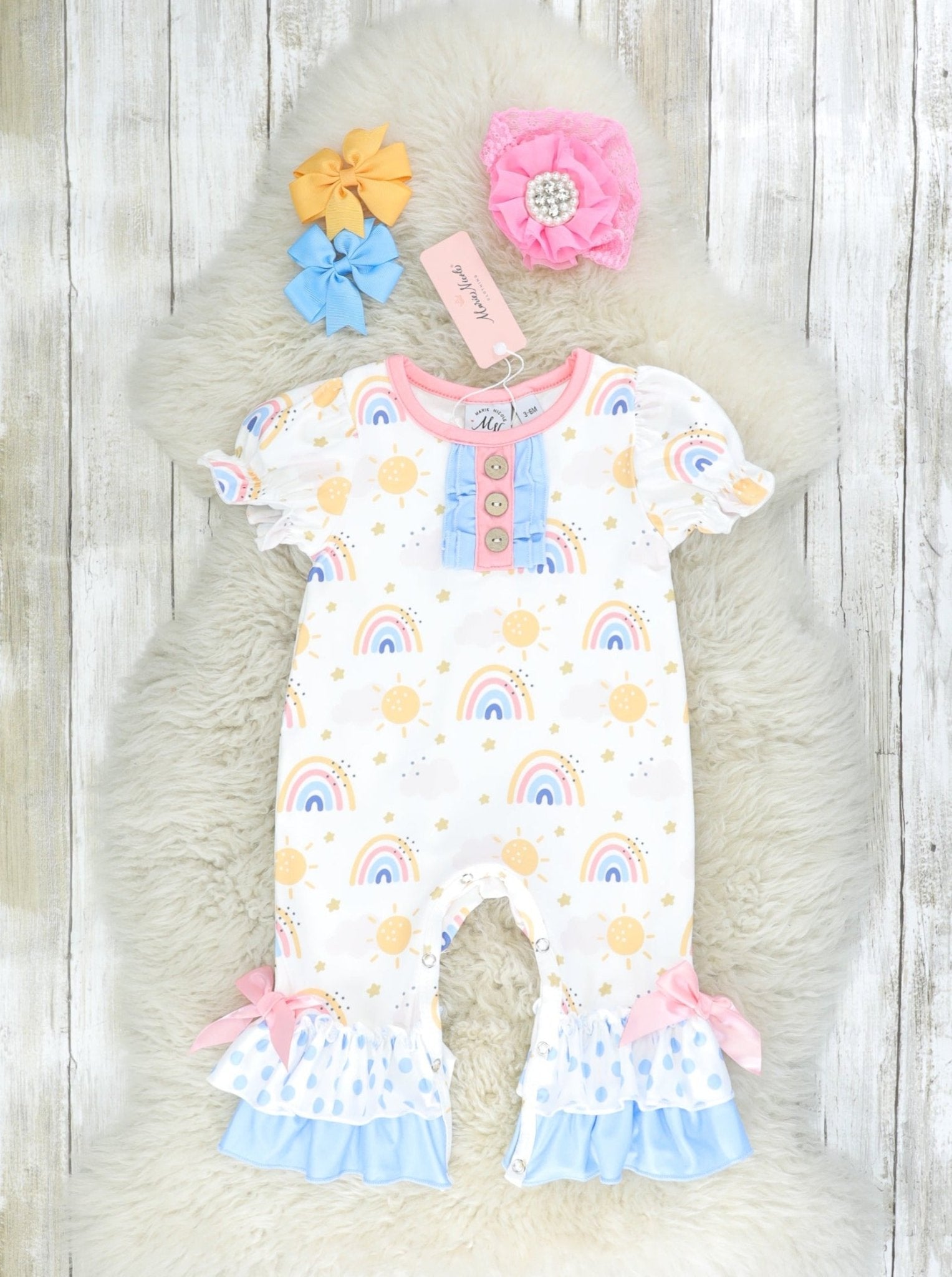 Blue Polka Dot Rainbow Ruffle Romper - Marie Nicole Clothing