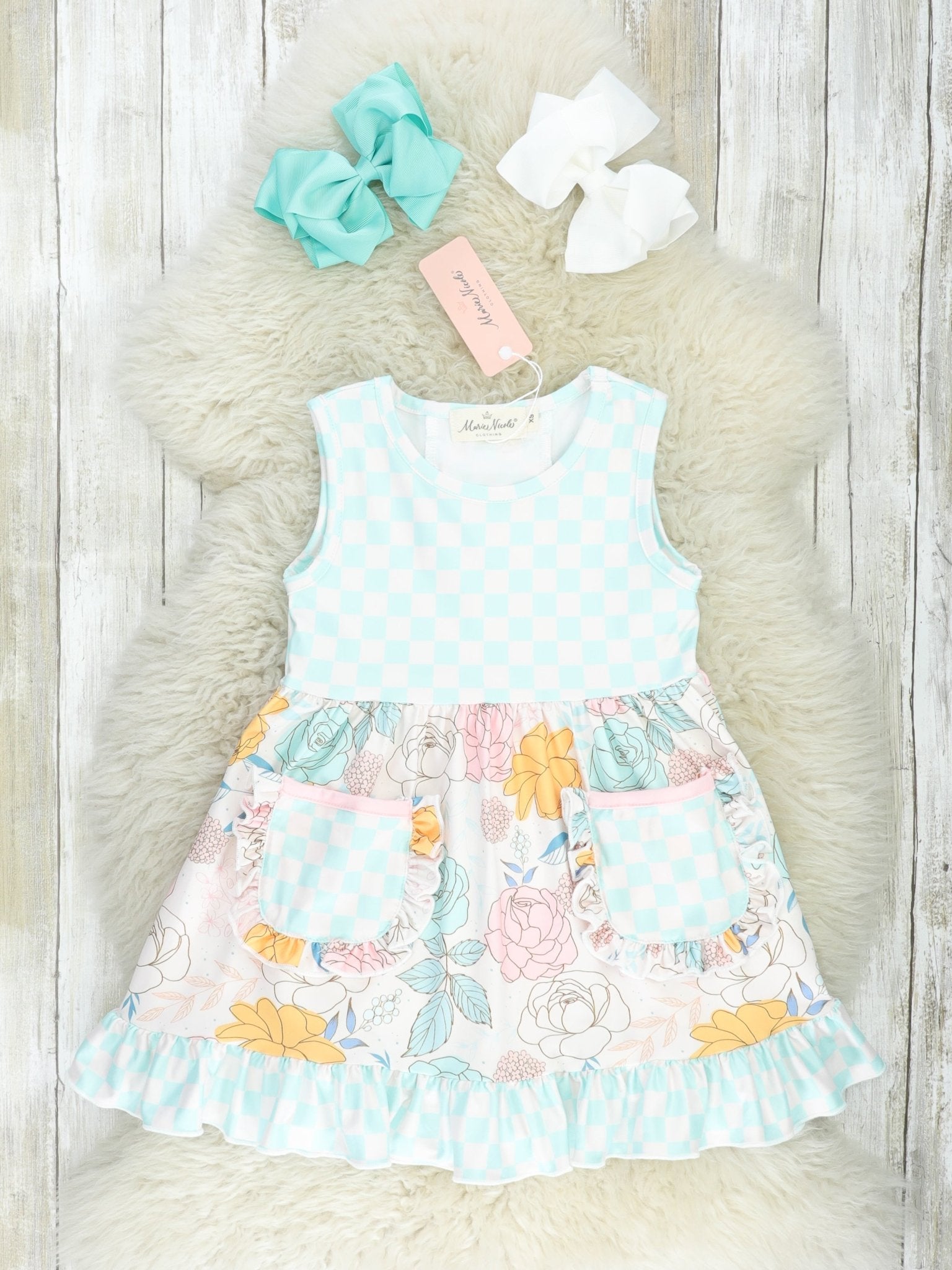 Mint Checkered Floral Ruffle Dress - Marie Nicole Clothing