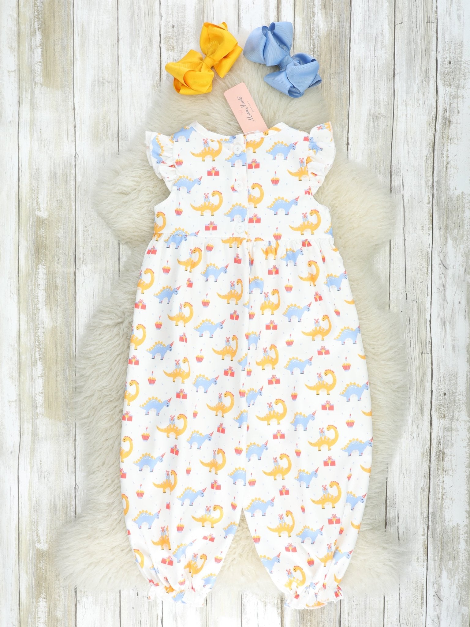 Smocked Dinosaur Party Ruffle Romper - Marie Nicole Clothing