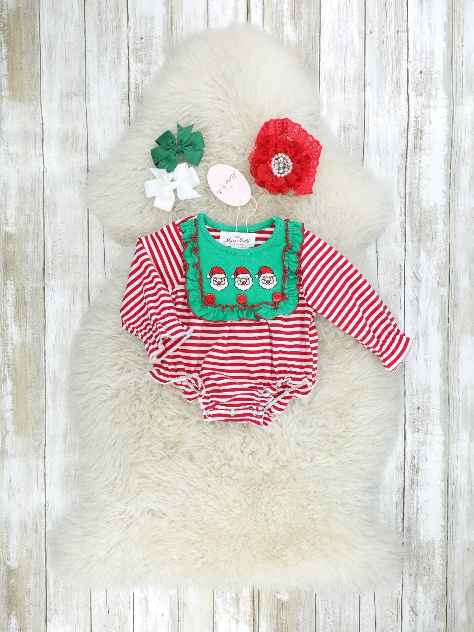 Green Santa Striped Ruffle Romper - Marie Nicole Clothing