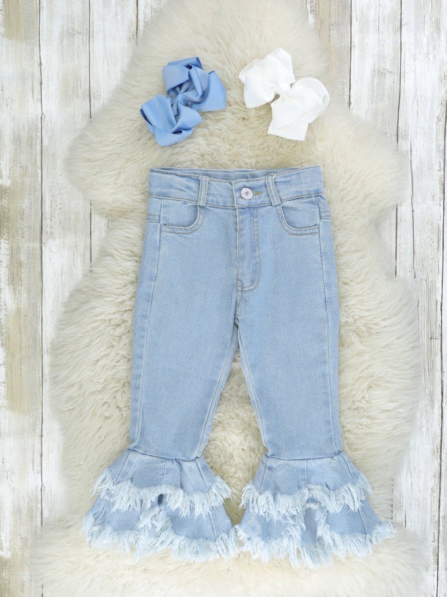 Layered Distressed Denim Bell Bottoms - Marie Nicole Clothing