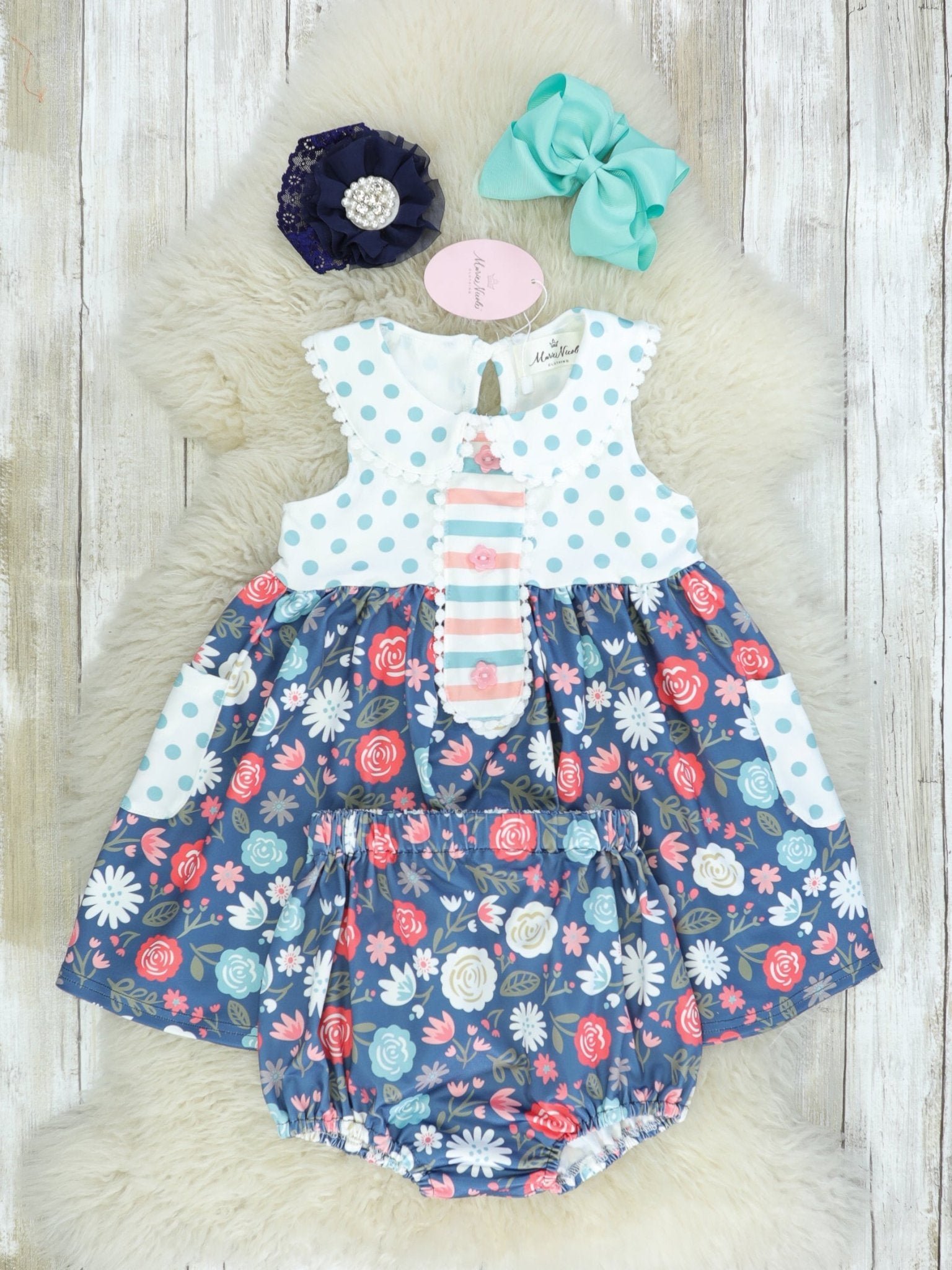 Navy Floral Polka Dotted Dress - Marie Nicole Clothing