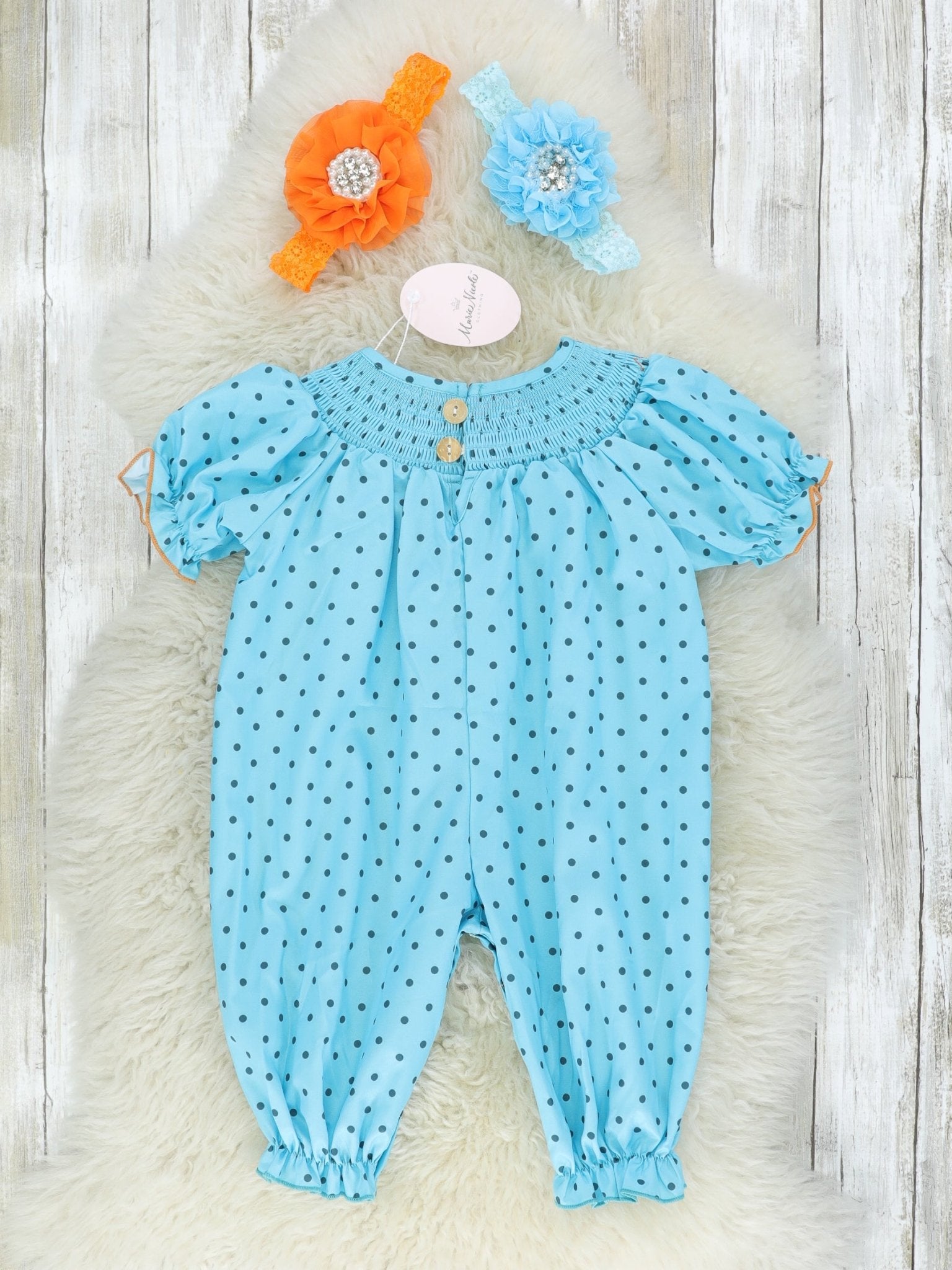 Blue Polka Dotted Smocked Pumpkin Romper - Marie Nicole Clothing