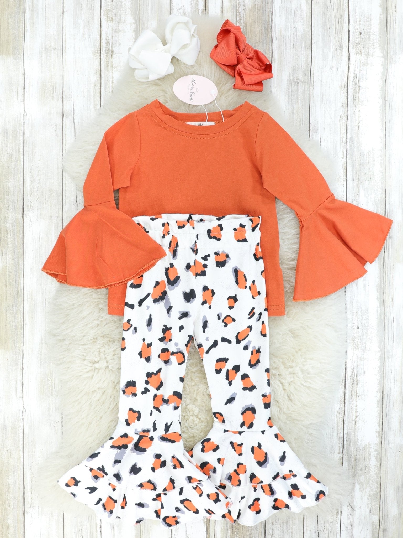 Burnt Orange Bell Sleeve Top & Leopard Ruffle Bell Bottoms - Marie Nicole Clothing
