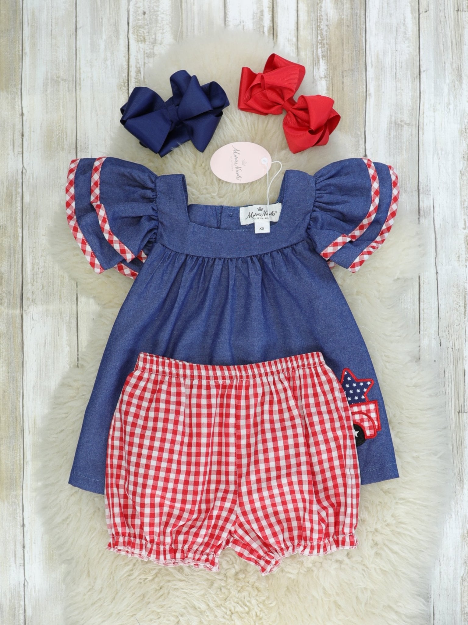 Chambray Red Check Truck Ruffle Outfit - Marie Nicole Clothing
