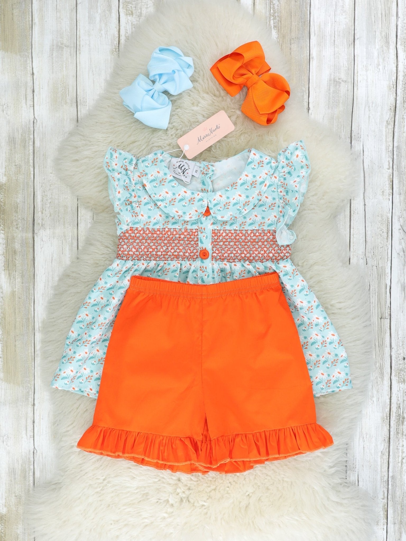 Blue & Orange Smocked Vintage Daisy Ruffle Outfit - Marie Nicole Clothing