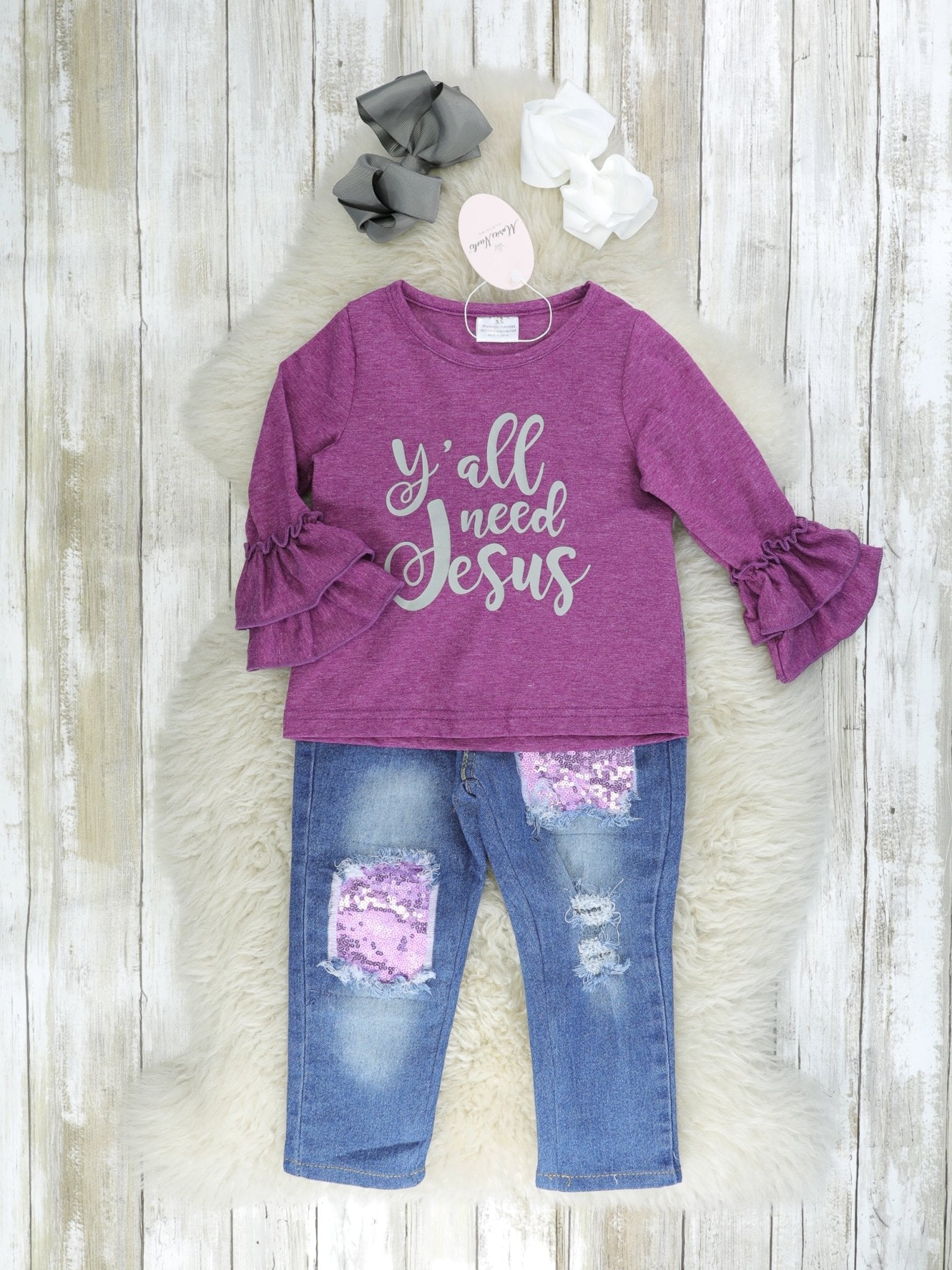 Purple "Y'all Need Jesus" Sequin Denim Outfit - Marie Nicole Clothing