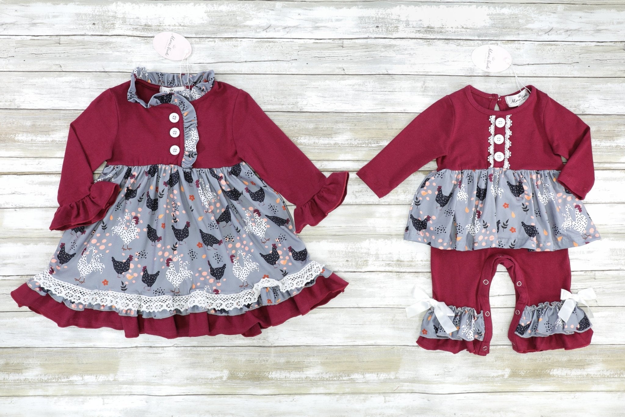 Maroon & Grey Chicken Ruffle Dress - Marie Nicole Clothing