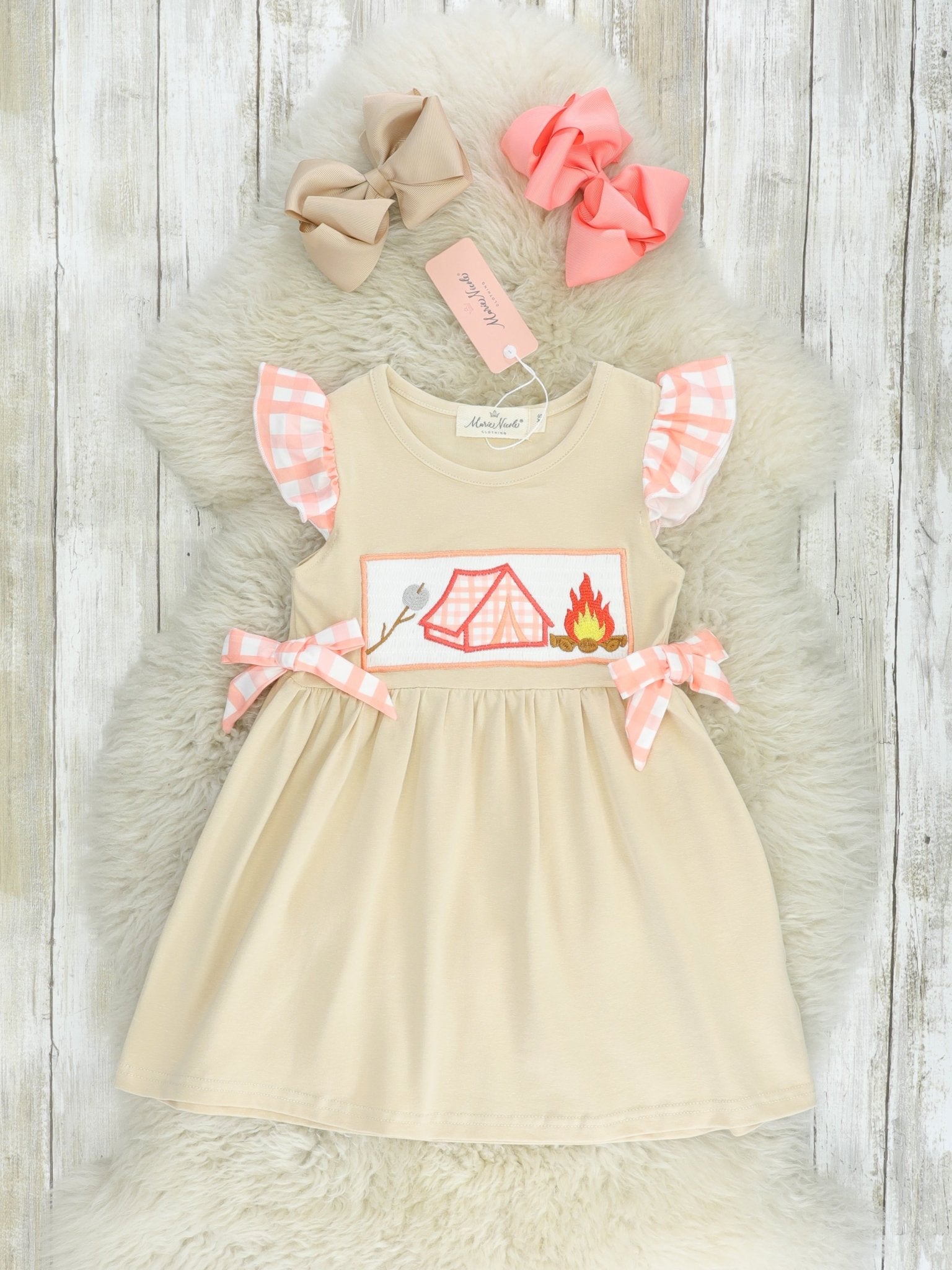 Tan Smocked Camping Dress - Marie Nicole Clothing