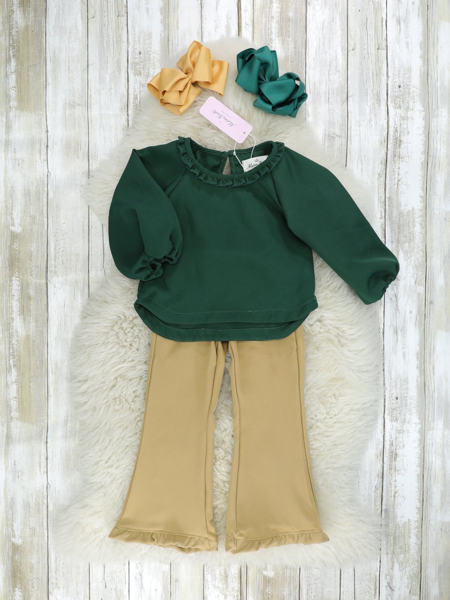 Hunter Green Puff Sleeve Ruffle Top - Marie Nicole Clothing
