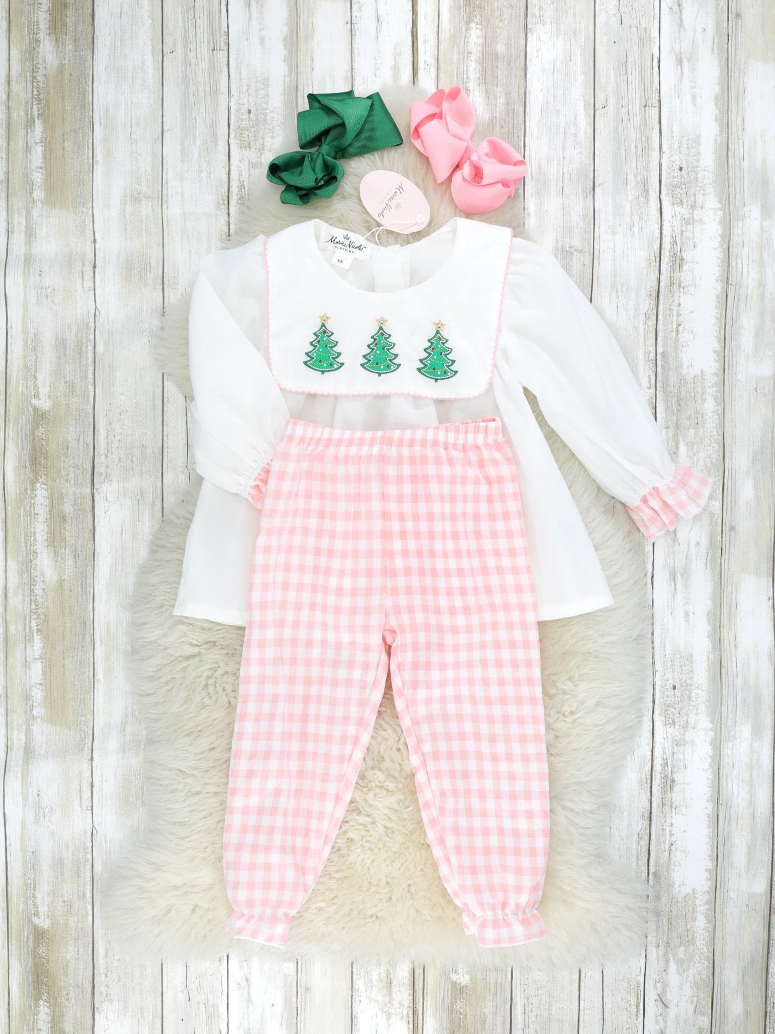 Pink Gingham Christmas Tree Bib Collar Outfit - Marie Nicole Clothing