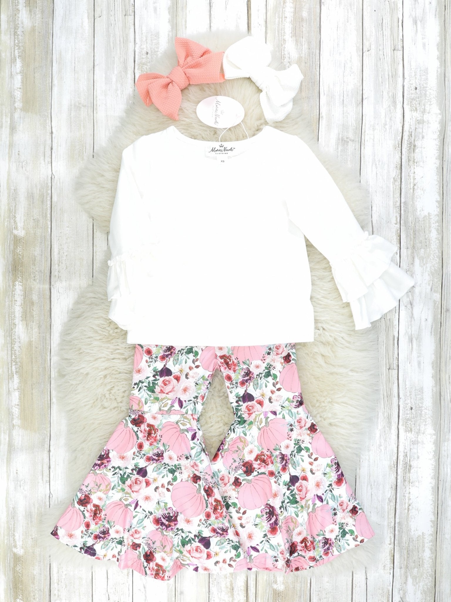 Mauve Fuzzy Vest & Floral Bell Bottoms Outfit - Marie Nicole Clothing