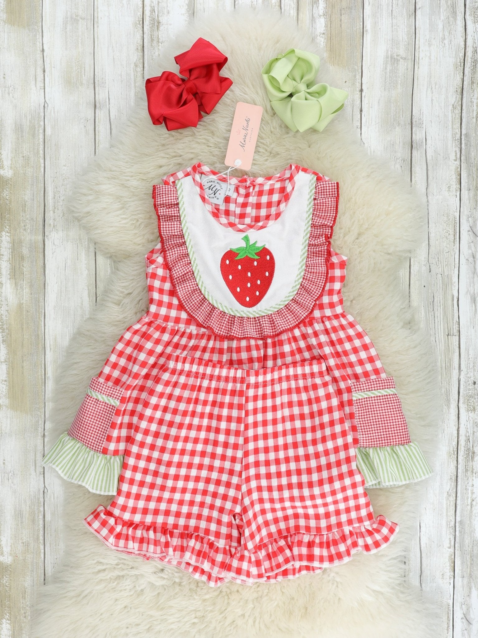 Red Gingham Strawberry Bib Collar Outfit - Marie Nicole Clothing