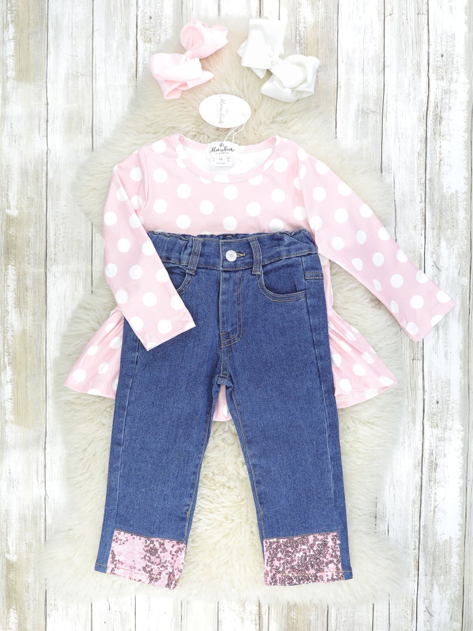 Pink Polka Dot Ruffle Top & Denim Sequin Outfit - Marie Nicole Clothing