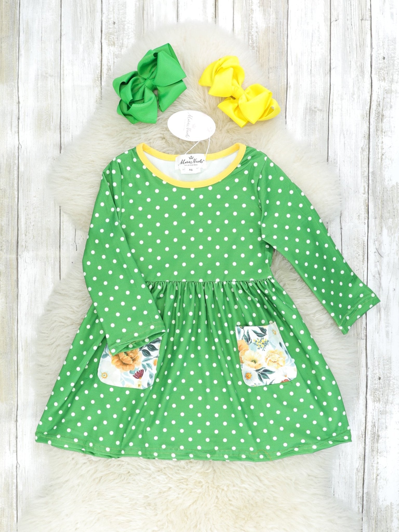 Green Polka Dot Floral Pocket Dress - Marie Nicole Clothing
