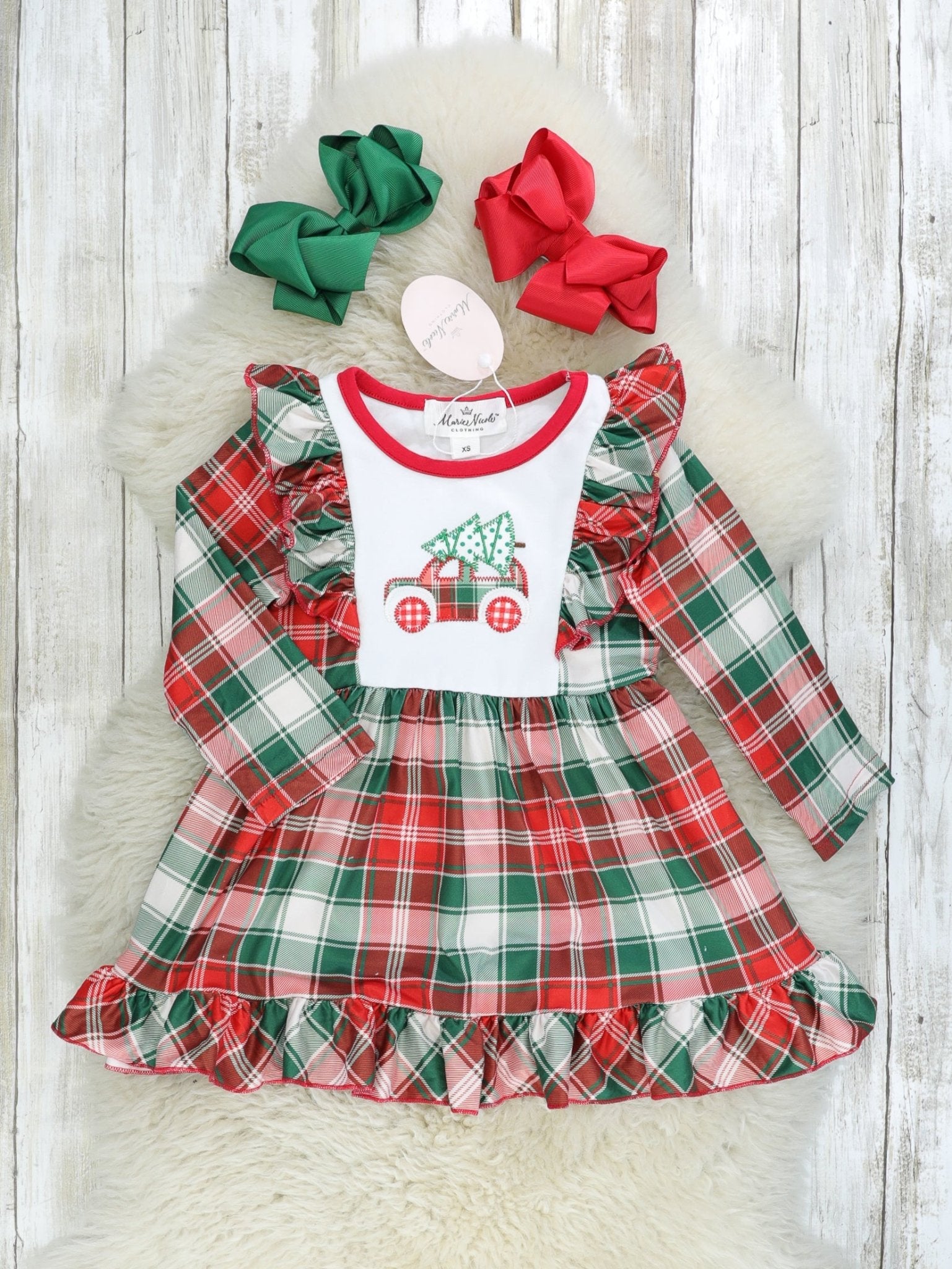 Red & Green Plaid Christmas Tree Ruffle Dress - Marie Nicole Clothing