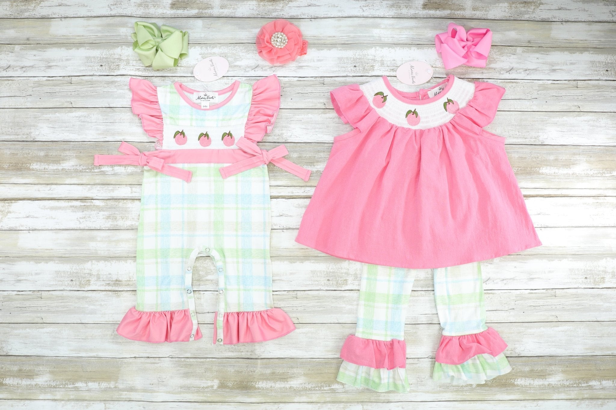 Peach Plaid Smocked Ruffle Outfit - Marie Nicole Clothing