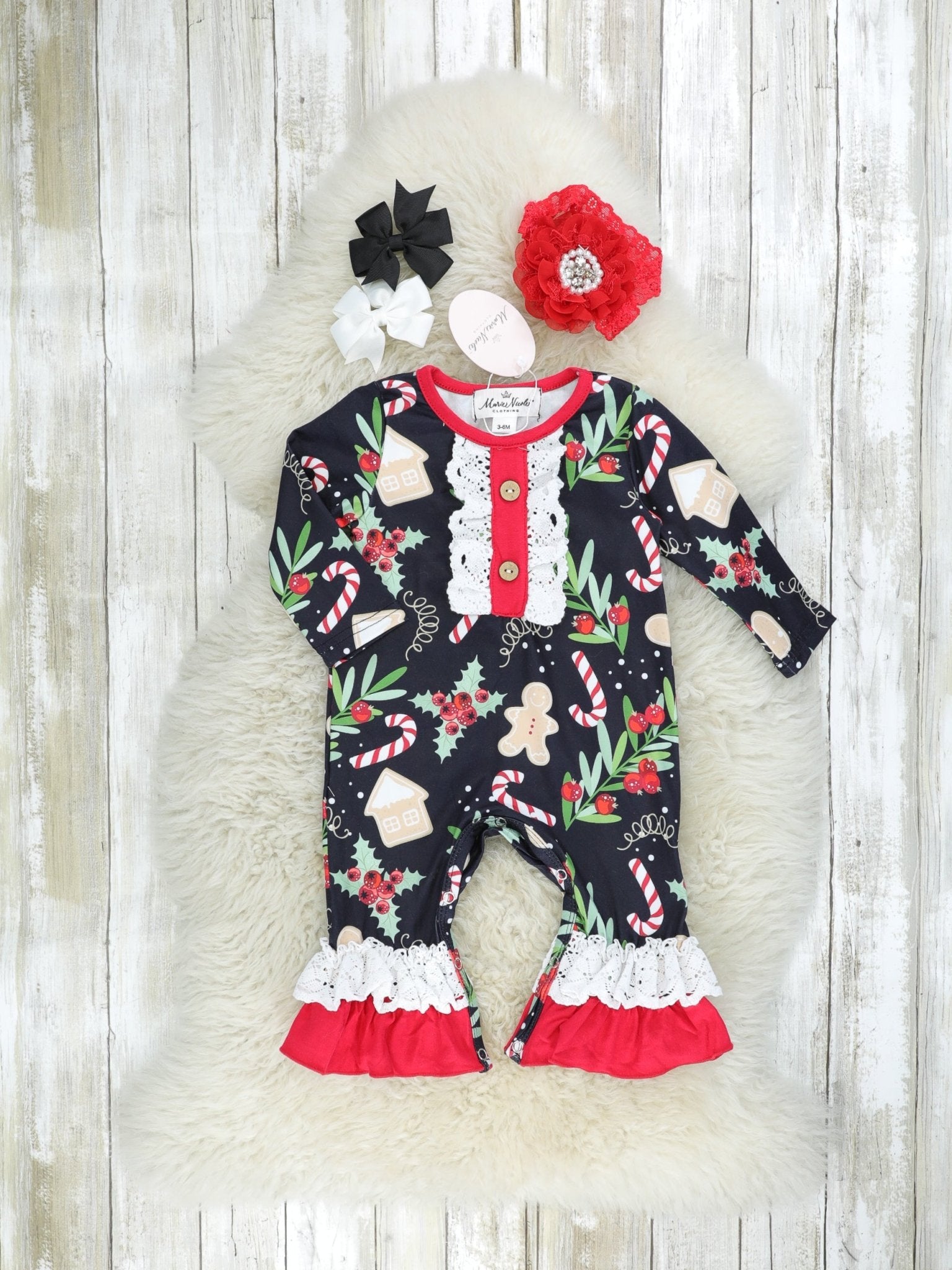 Cranberry Gingerbread Ruffle Romper - Marie Nicole Clothing