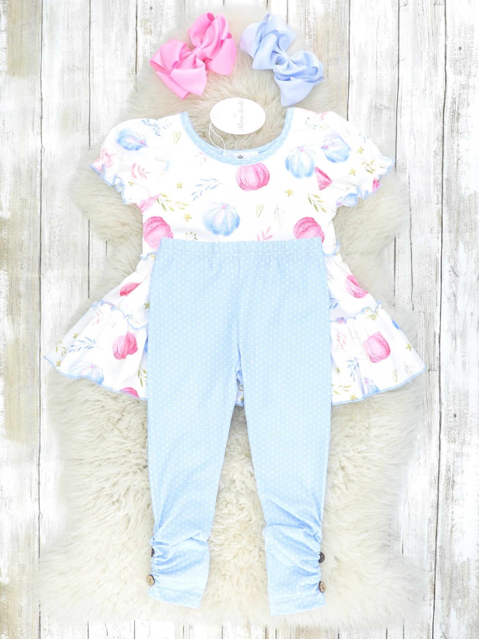 Pink & Blue Pumpkin Tiered Ruffle Top & Polka Dot Bottoms Outfit - Marie Nicole Clothing