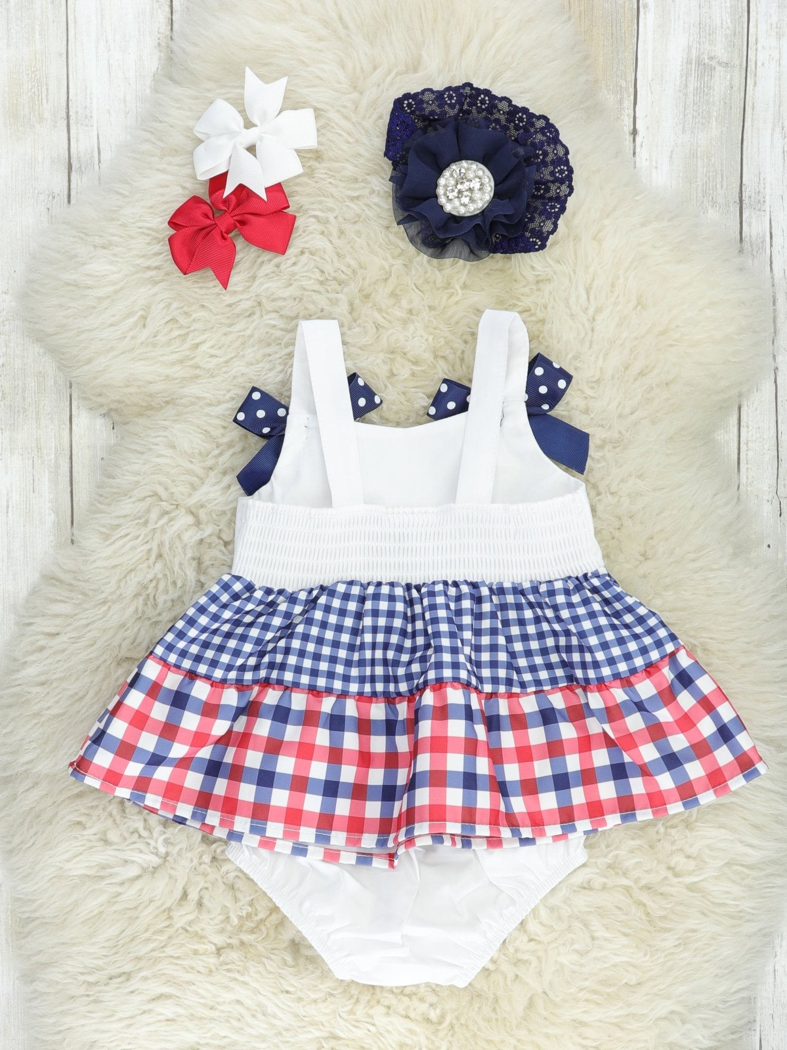 Red & Blue Gingham Bow Bloomers Outfit - Marie Nicole Clothing