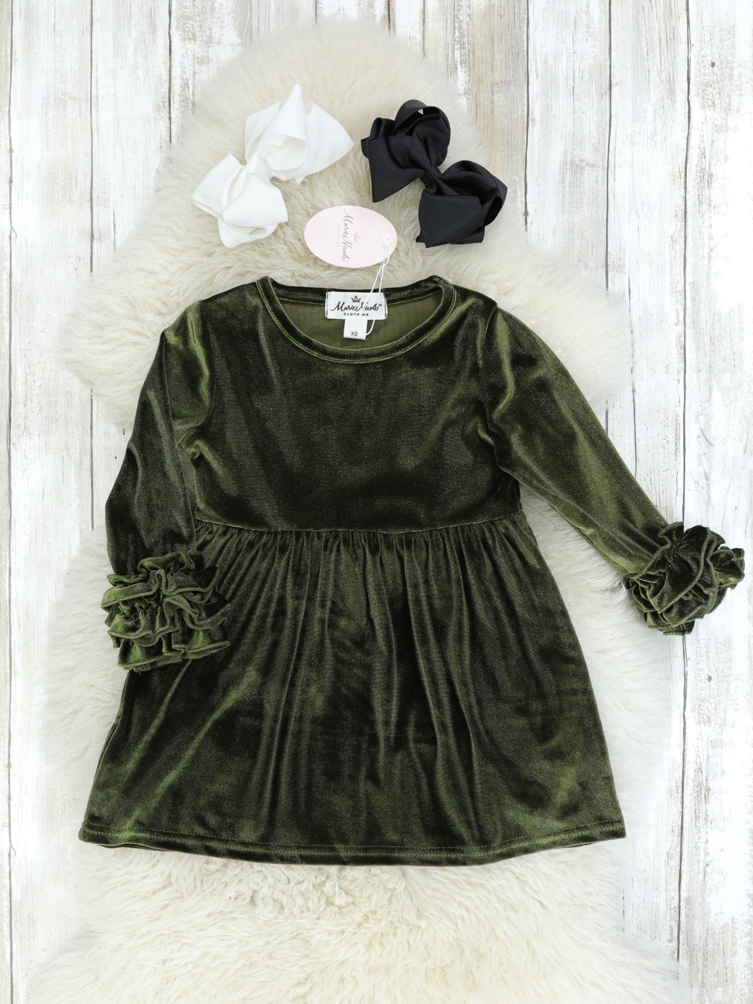 Olive Velvet Icing Ruffle Dress - Marie Nicole Clothing