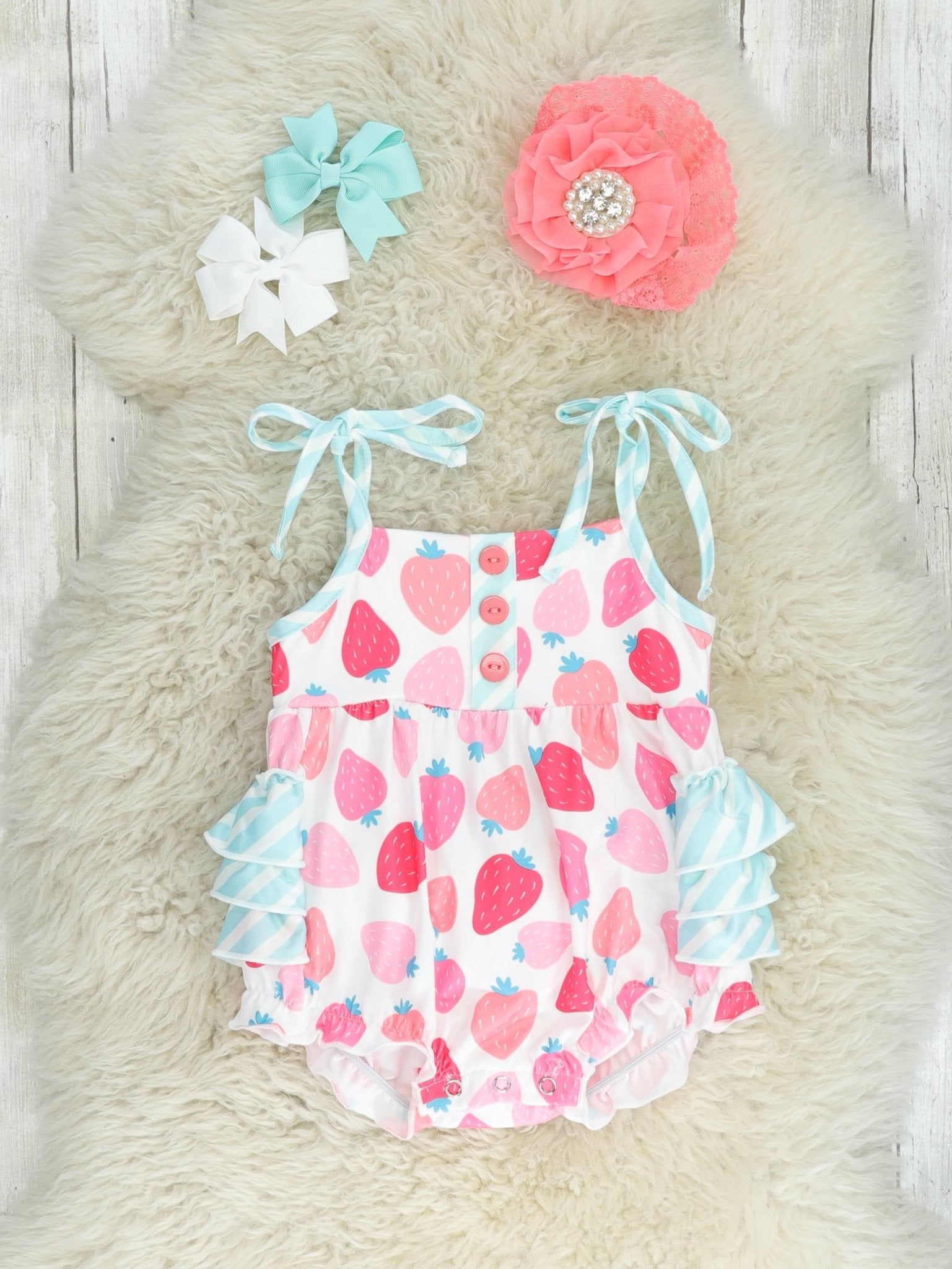 Blue Stripe Strawberry Tank Ruffle Bubble Romper - Marie Nicole Clothing