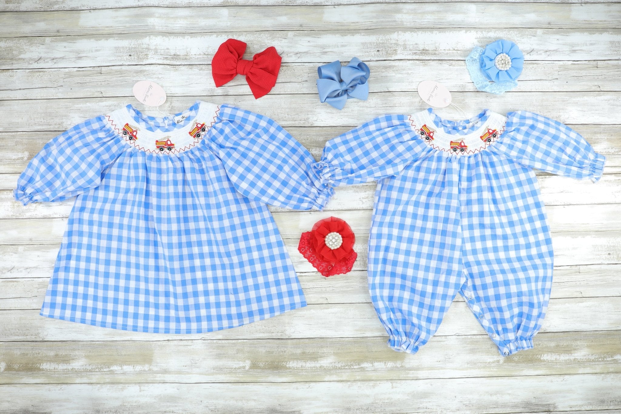 Blue Check Fire Truck Smocked Romper - Marie Nicole Clothing