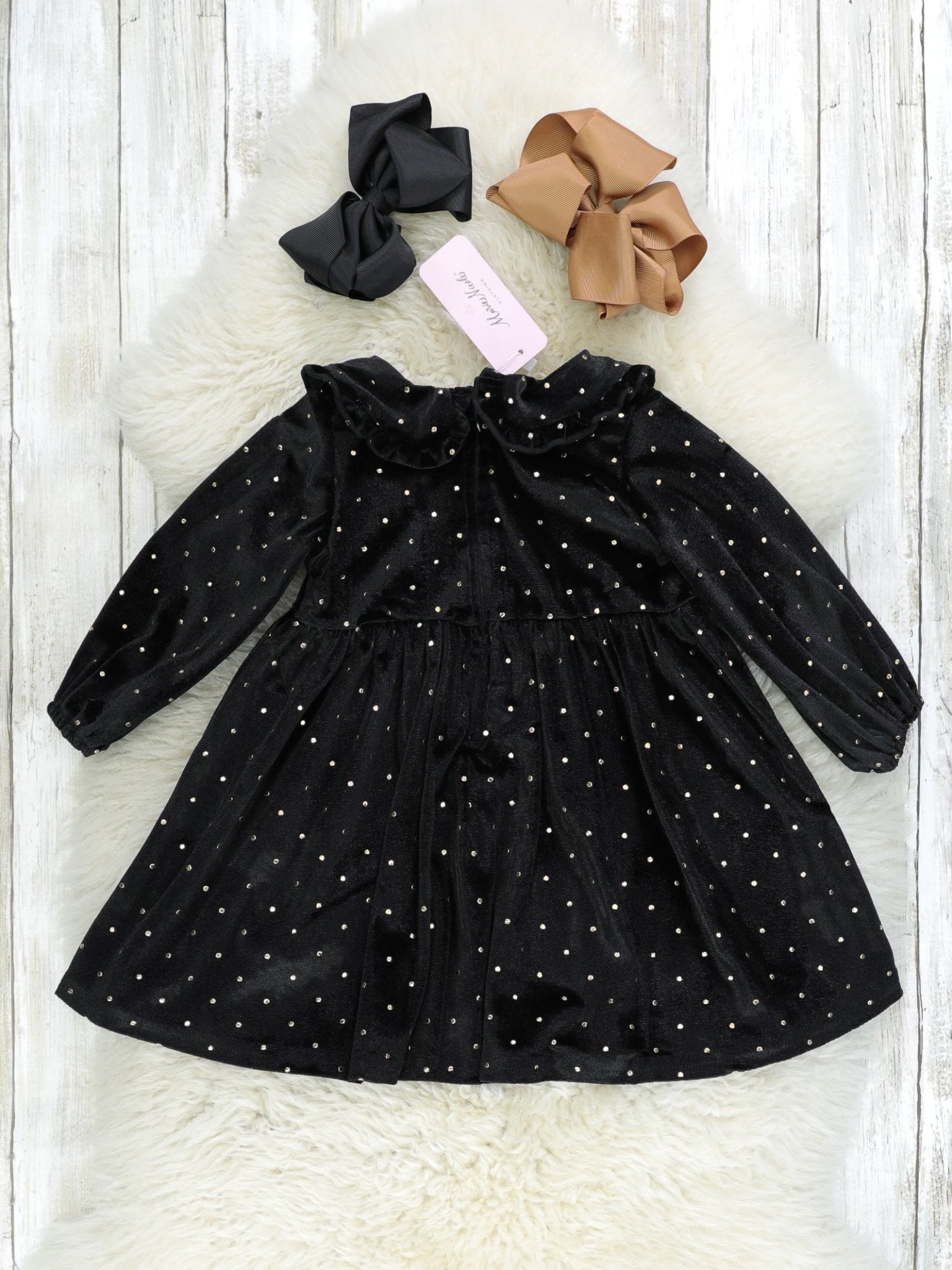 Black Polka Dotted Velvet Ruffle Dress - Marie Nicole Clothing