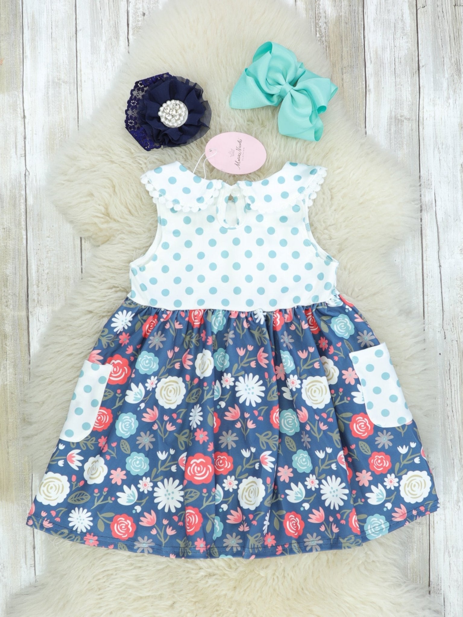 Navy Floral Polka Dotted Dress - Marie Nicole Clothing